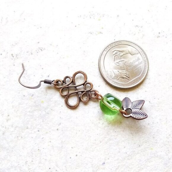 Feminine Copper Celtic Knot Filigree & Leaf Dangle Earrings ~ Spring + Fall - Picture 4 of 5